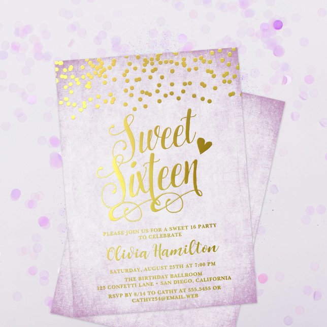 Lavender Sweet 16 Gold Confetti Foil Invitation (Creator Uploaded)