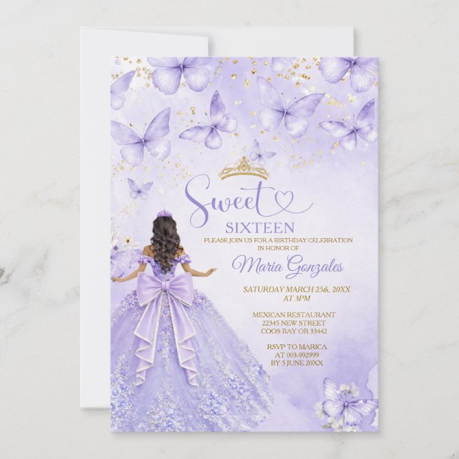 Lavender Sweet 16 Invitation with Butterflies (Front)