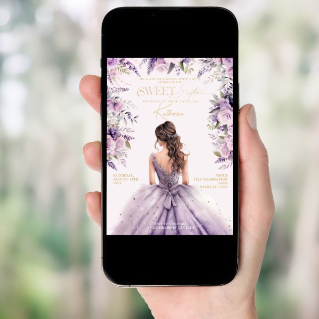 Lavender Sweet 16 Sixteen Purple Dress Floral Invitation (Front Digital)