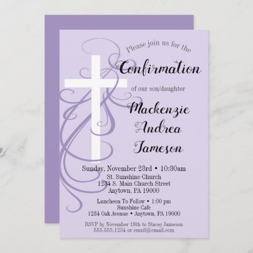 Lavender Swirl Cross Confirmation Invitation