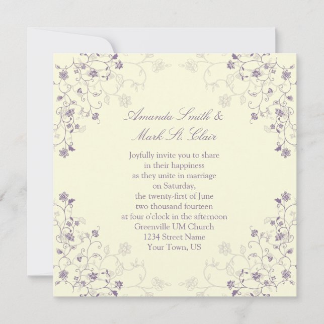 Lavender Swirls on Cream Wedding Invitation (Front)