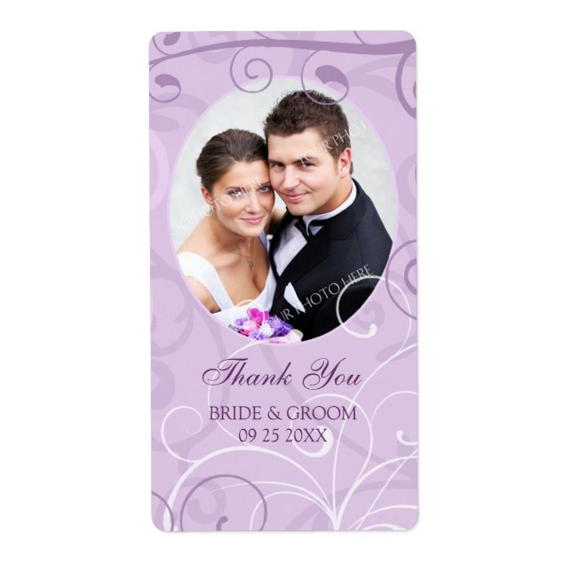 Lavender Swirls Photo Wedding Labels (Front)
