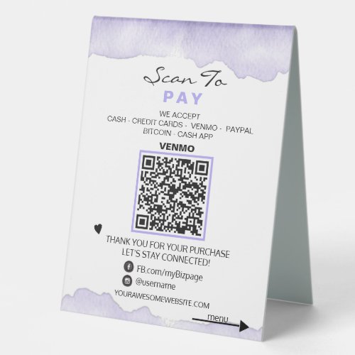   Lavender   Table Tent PAY  MENU QR Tabletop Table Tent Sign