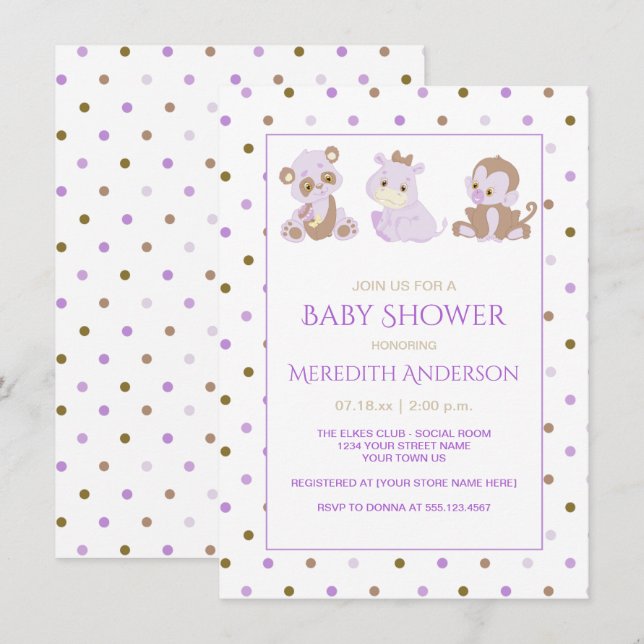 Lavender Tan Purple Polka Dots Baby Shower Invitation (Front/Back)