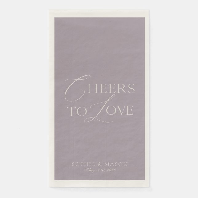 Lavender Taupe “Cheers to Love” Wedding Paper Guest Towels (Front)