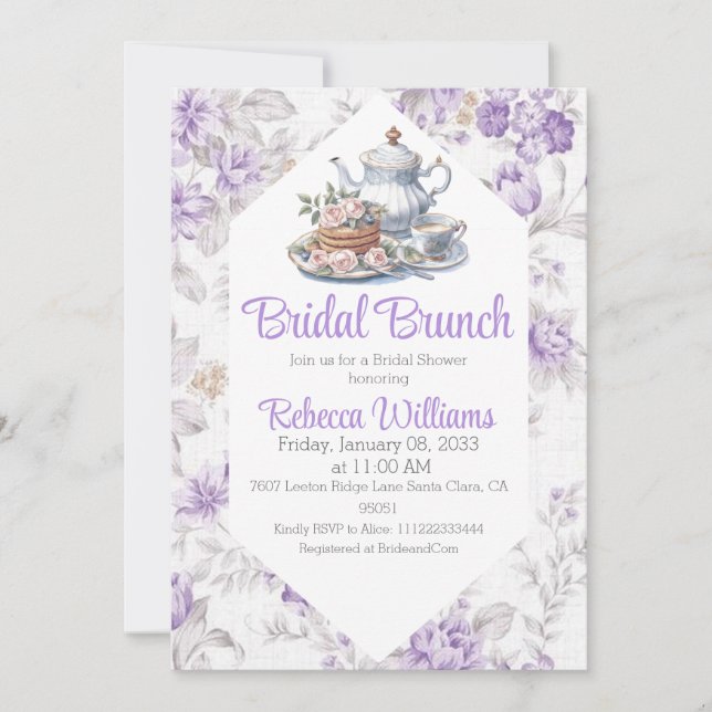 Lavender Tea Party Brunch Floral Bridal Shower  Invitation (Front)