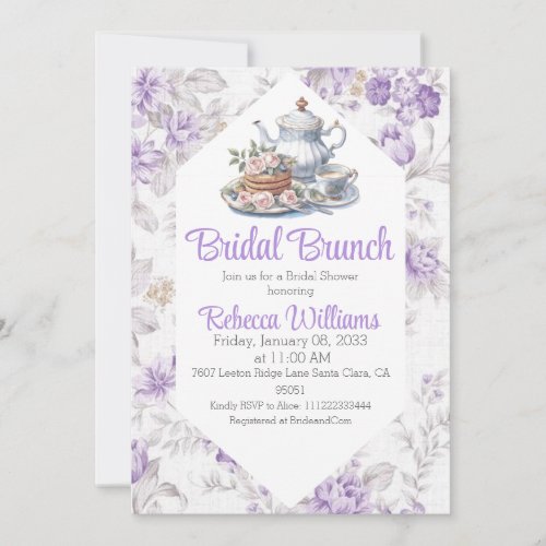 Lavender Tea Party Brunch Floral Bridal Shower  Invitation