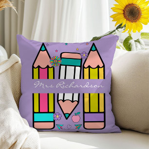 Lavender Teacher Colorful Pencil Name Throw Pillow