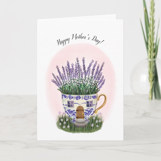 Lavender Teacup Cottage Mother's Day Card (Front)