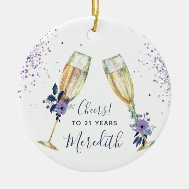 Lavender Teal Champagne Toast 21st Birthday Ceramic Ornament (Front)