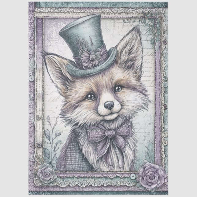 Lavender & Teal Fantasy Fox with Hat Decoupage Tissue Paper (Front)