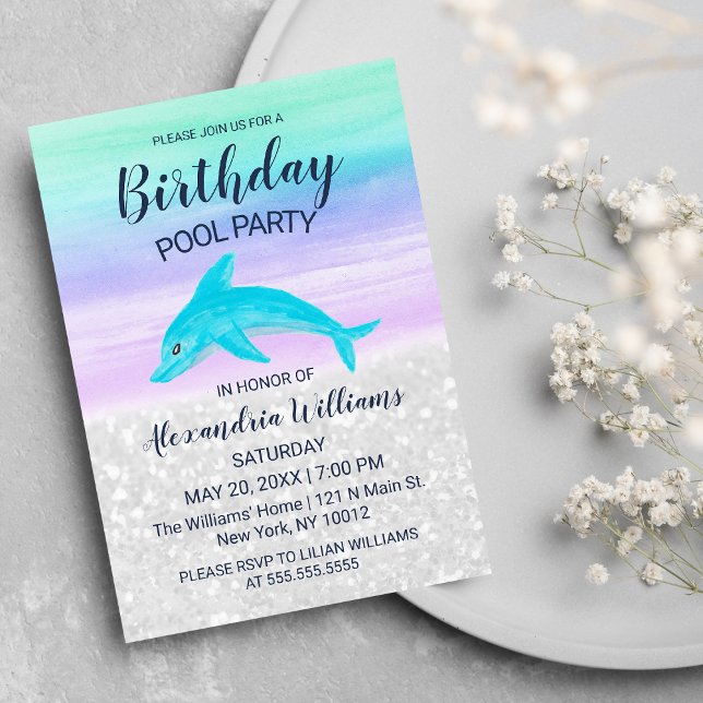 Lavender Teal White Glitter Dolphin Pool Birthday Invitation (Lavender Teal White Glitter Dolphin Pool Birthday)