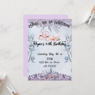 Lavender teapot flowers birthday  invitation