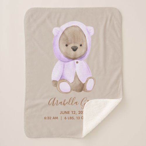 Lavender Teddy Bear Baby Birth Stats Sherpa Blanket