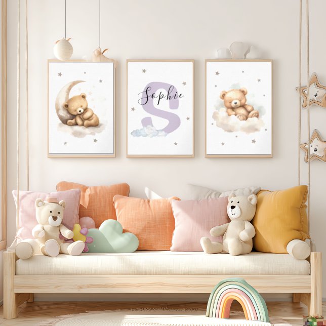 Lavender Teddy Bear Nursery Wall Art Custom Name Wall Art Sets (Creator Uploaded)