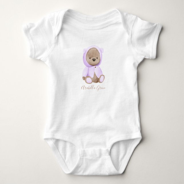 Lavender Teddy Bear Personalized Name Baby Baby Baby Bodysuit (Front)