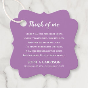 Lavender Think Of Me Celebration of Life Candle Favor Tags