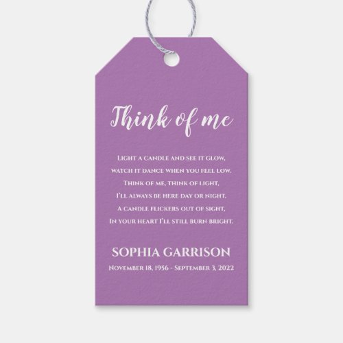 Lavender Think Of Me Celebration of Life Candle Gift Tags