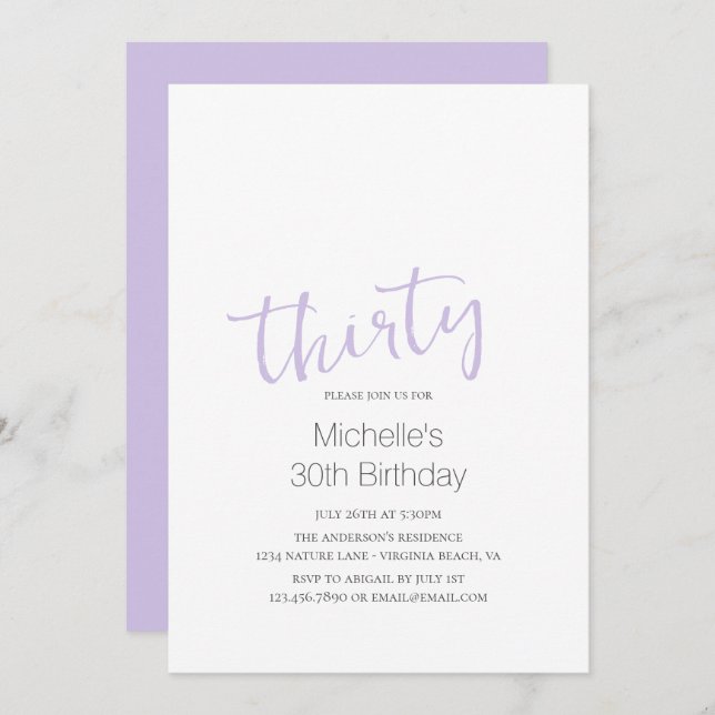 Lavender Trendy Modern Minimalist 30th Birthday Invitation (Front/Back)