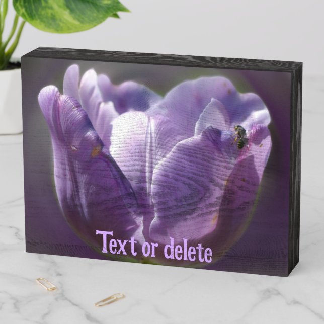 Lavender Tulip With Tiny Bee Close Up Personalized Wooden Box Sign (In Situ Horizontal)