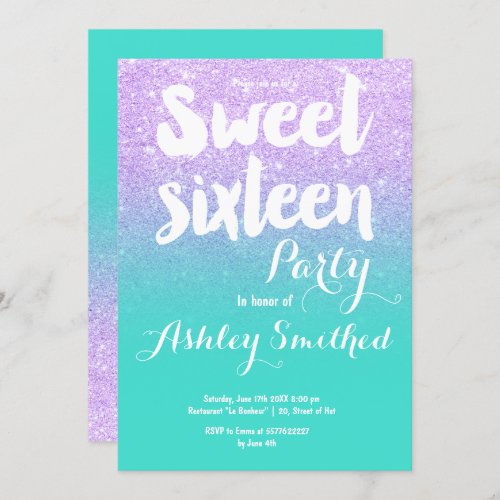 Lavender turquoise glitter typography Sweet 16 Invitation