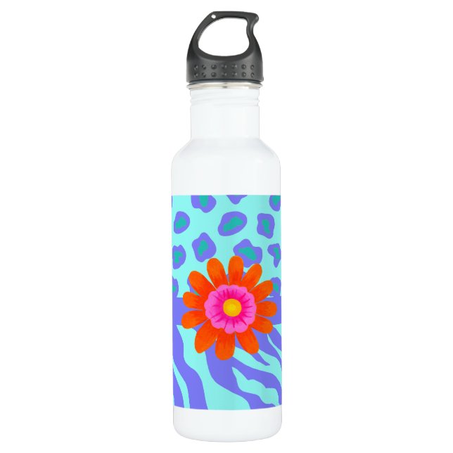 Lavender & Turquoise Zebra & Cheetah Orange Flower Water Bottle (Front)