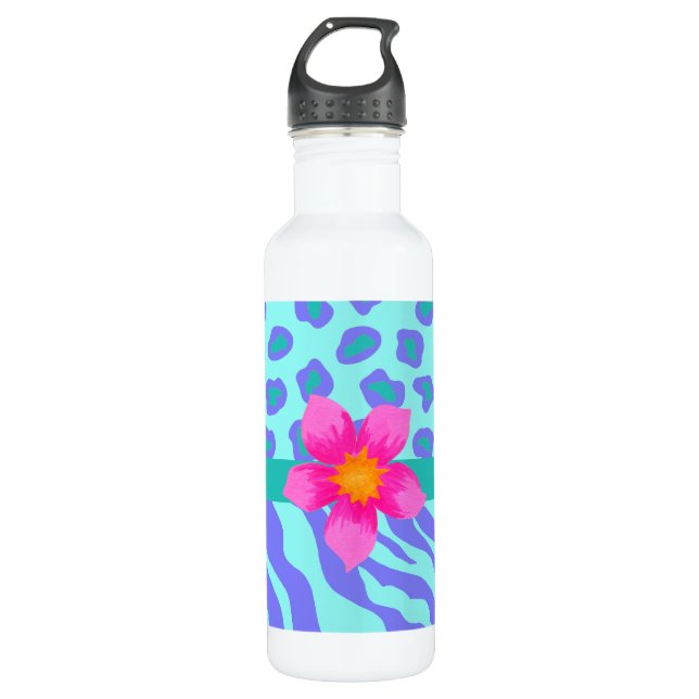 Lavender & Turquoise Zebra & Cheetah Pink Flower Stainless Steel Water Bottle (Front)