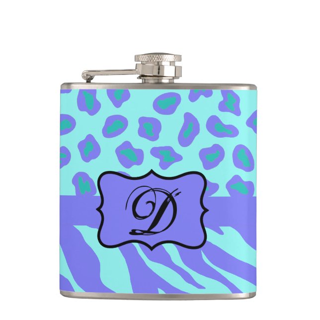 Lavender Turquoise Zebra Leopard Monogram Initial Flask (Front)