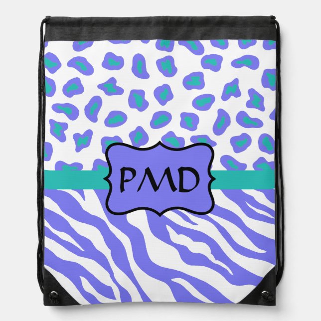 Lavender Turquoise Zebra Leopard Skin Monogram Drawstring Bag (Front)