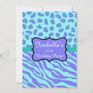 Lavender Turquoise Zebra Leopard Skin Quinceañera Invitation