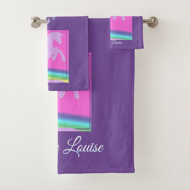 Lavender Unicorn Silhouette Kids Bath Towel Set (Insitu)