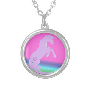 Lavender Unicorn Silhouette (rainbow background) Silver Plated Necklace