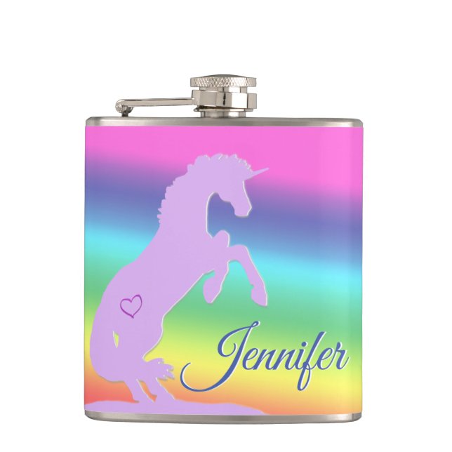 Lavender Unicorn Silhouette (rainbow/personalize) Flask (Front)