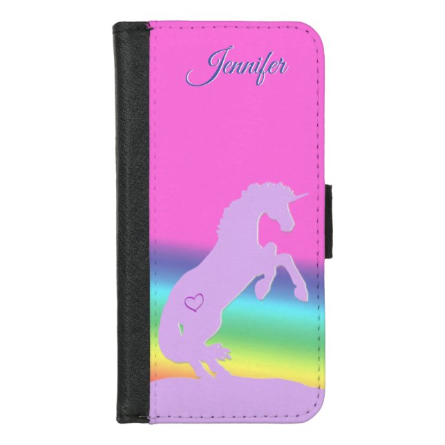 Lavender Unicorn Silhouette (rainbow/personalize) iPhone Wallet Case (Front)