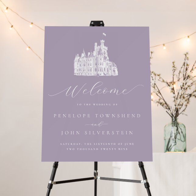 Lavender Vintage Castle Wedding Welcome Foam Board (In Situ (Stand))