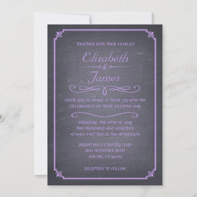 Lavender Vintage Chalkboard Wedding Invitations (Front)