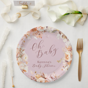 Lavender Vintage Floral Fall Oh Baby Shower Paper Plates