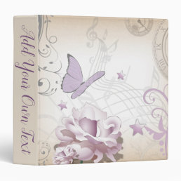 Lavender Vintage Flower, Butterfly, Music, Clocks 3 Ring Binder