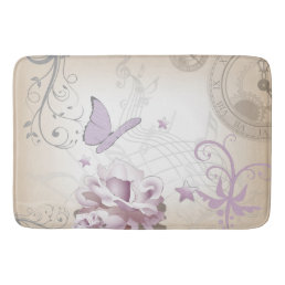 Lavender Vintage Flower, Butterfly, Music, Clocks Bathroom Mat