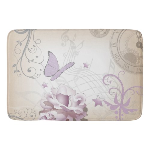 Lavender Vintage Flower Butterfly Music Clocks Bathroom Mat