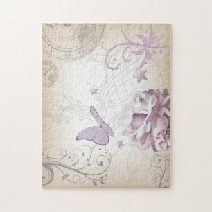 Lavender Vintage Flower, Butterfly, Music, Clocks Jigsaw Puzzle