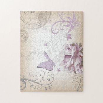 Lavender Vintage Flower  Butterfly  Music  Clocks Jigsaw Puzzle by vicesandverses at Zazzle