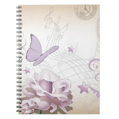 Lavender Vintage Flower Butterfly Music Clocks Notebook