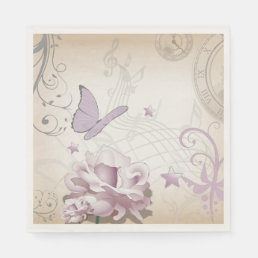 Lavender Vintage Flower, Butterfly, Music, Clocks Paper Napkins