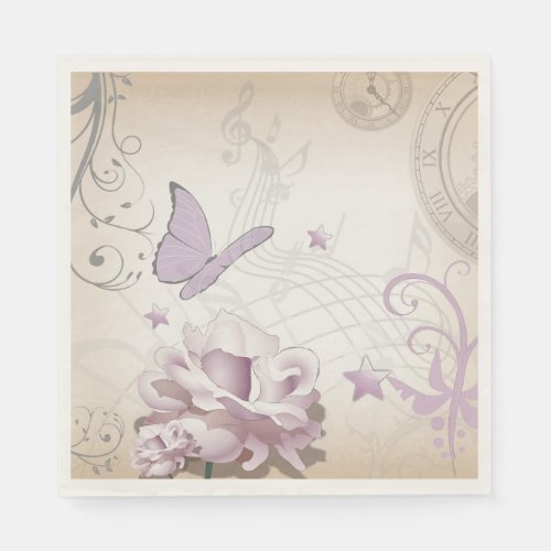 Lavender Vintage Flower Butterfly Music Clocks Paper Napkins