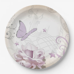 Lavender Vintage Flower, Butterfly, Music, Clocks Paper Plates