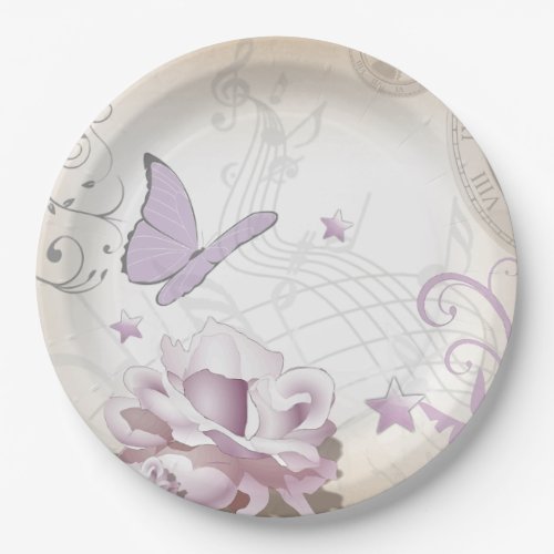 Lavender Vintage Flower Butterfly Music Clocks Paper Plates