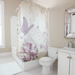 Lavender Vintage Flower, Butterfly, Music, Clocks Shower Curtain