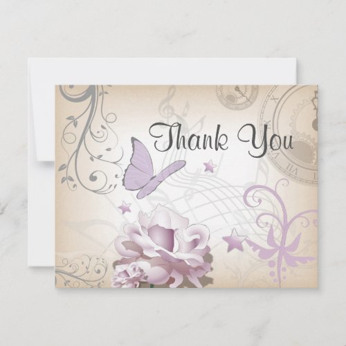 Lavender Vintage Flower Butterfly Music Clocks Thank You Card