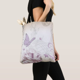 Lavender Vintage Flower, Butterfly, Music, Clocks Tote Bag